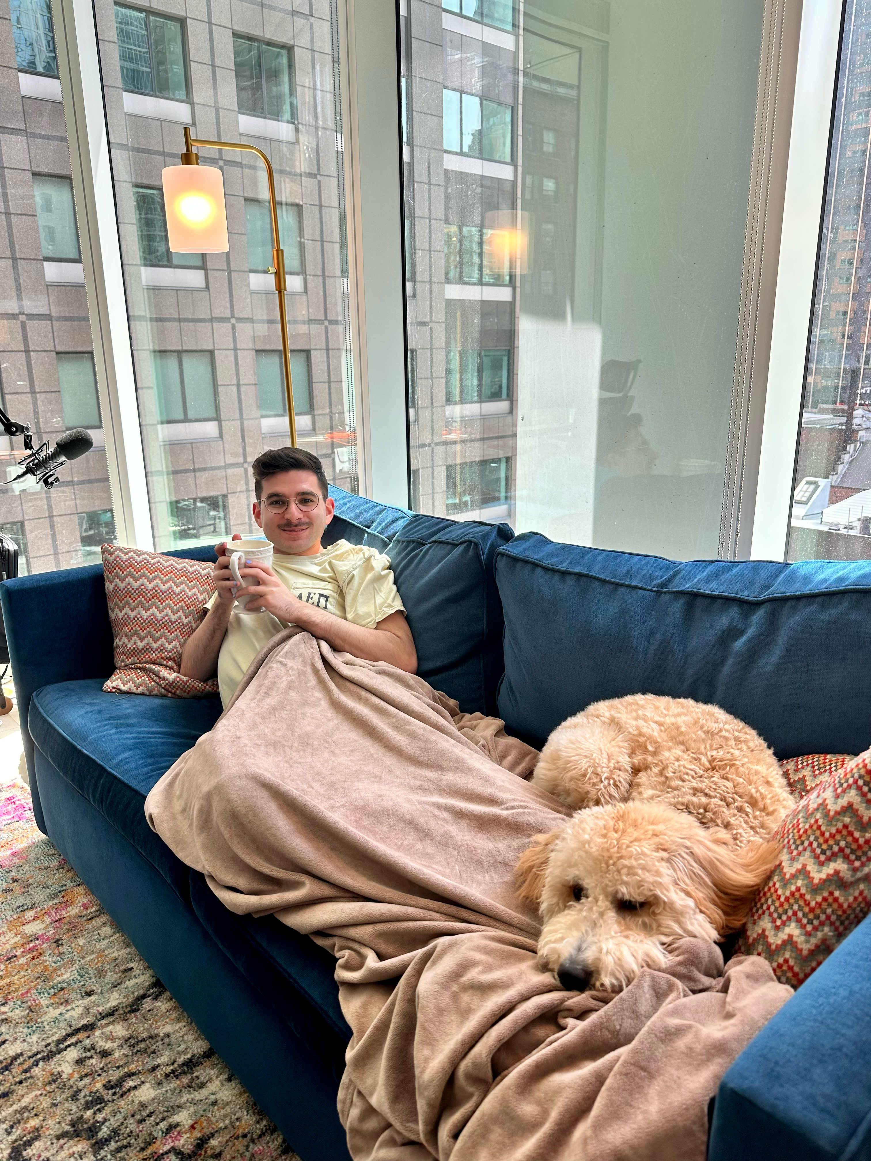 Zack with Sadie and coffee